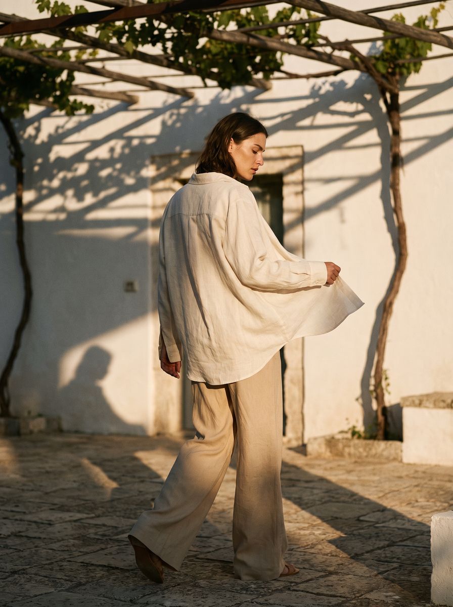 Cream linen shirt and beige trousers on a neutral studio background