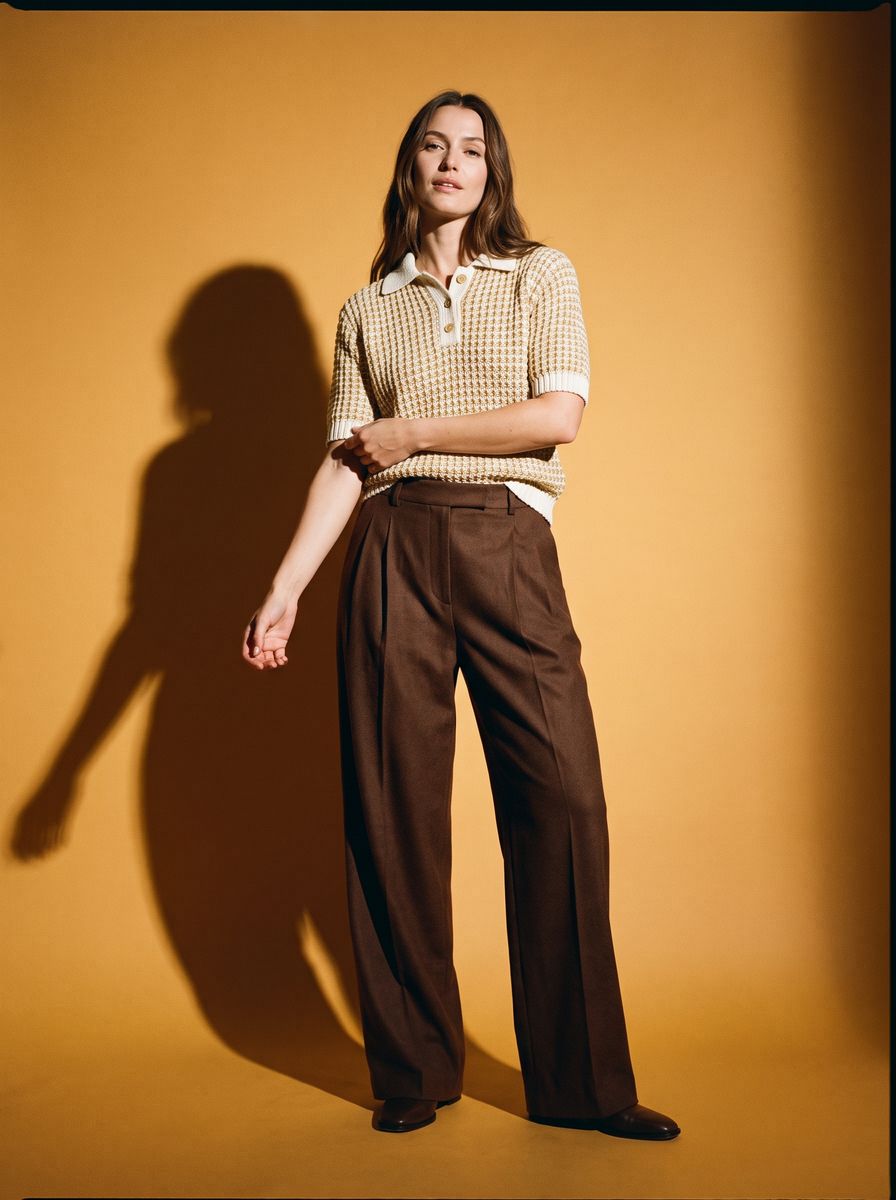 Model in a knitted polo and brown pleated trousers on an ochre studio backdrop