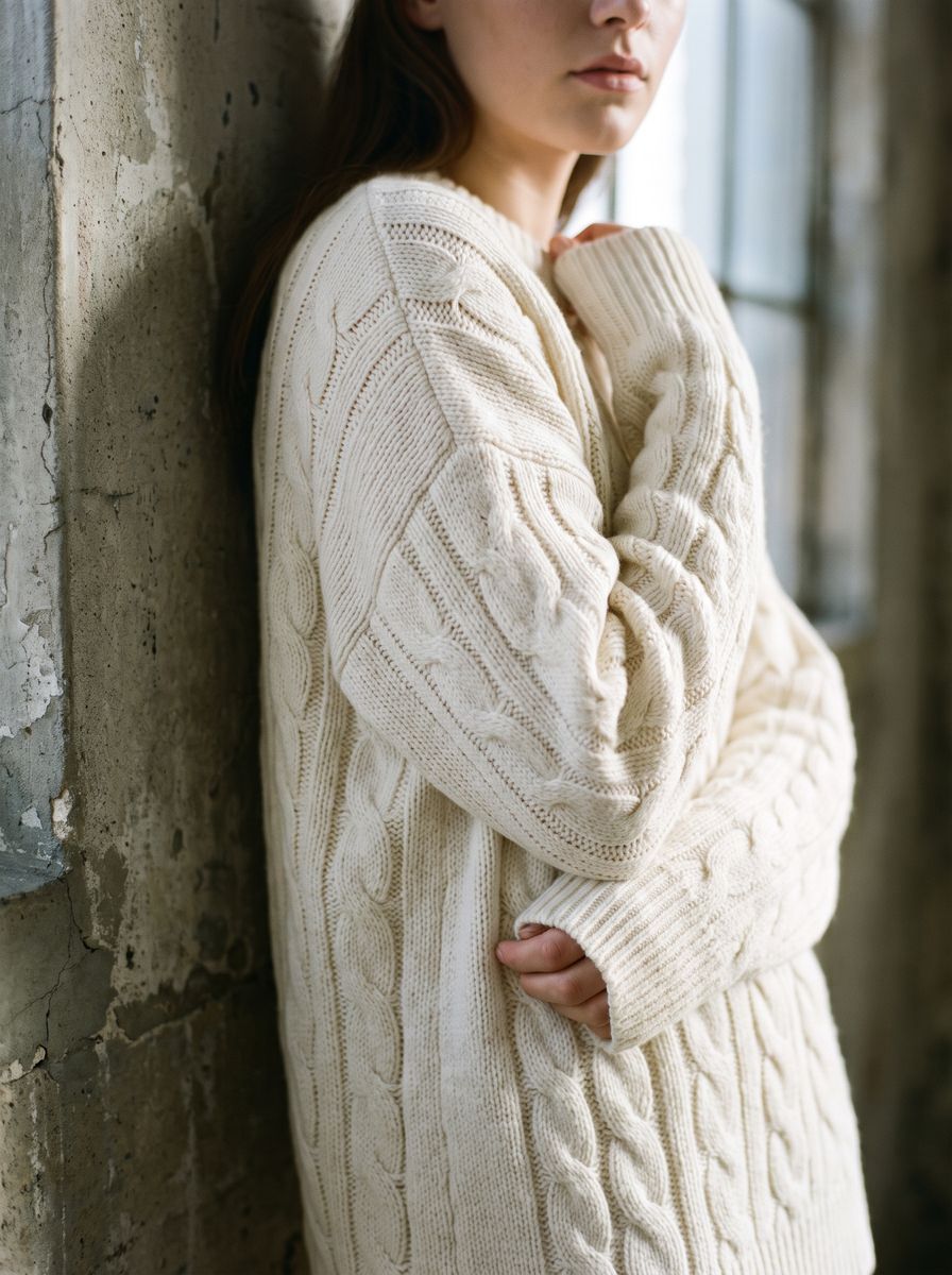 Close-up of an ivory cable-knit sweater